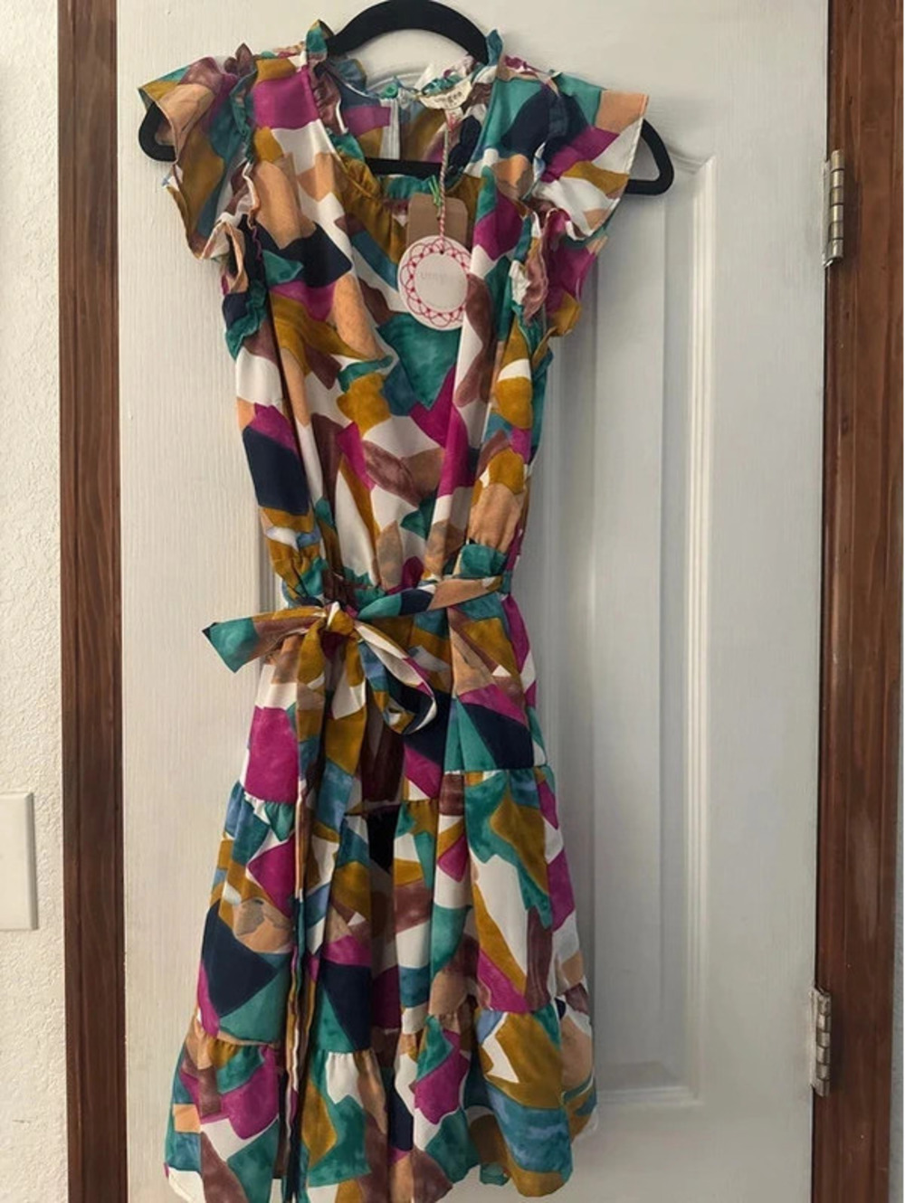 Umgee Colorful Abstract Ruffle Dress Size L
